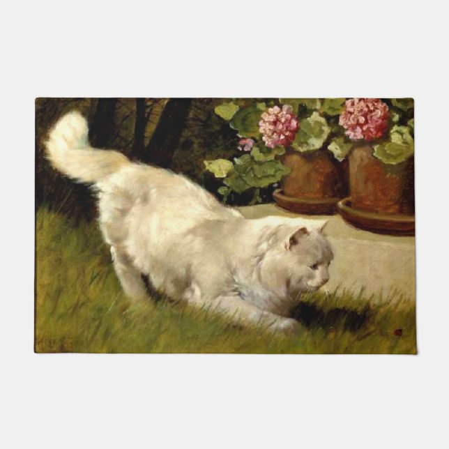 Eine weiße persische Katze, die Ladybug beobachtet Fußmatte (Vorderseite)