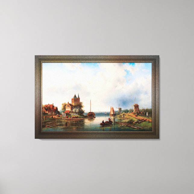 Eine weite Flusslandschaft mit Windmühlen Leinwanddruck (Vorderseite)