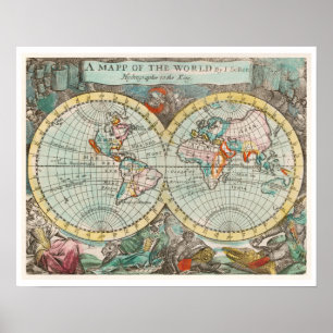 "EINE WELT KARTE" 1682 VON JOHN PLAYFORD POSTER