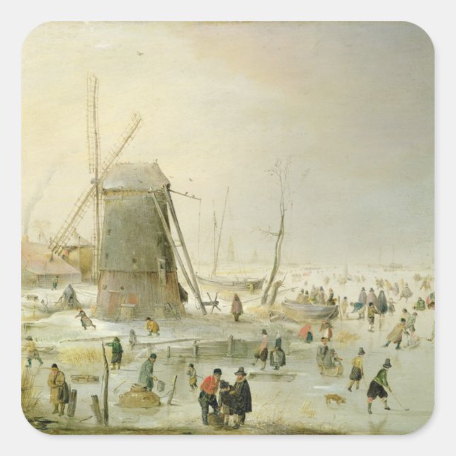 Eine Winterlandschaft mit Skatern von Windmühle Quadratischer Aufkleber (Vorderseite)