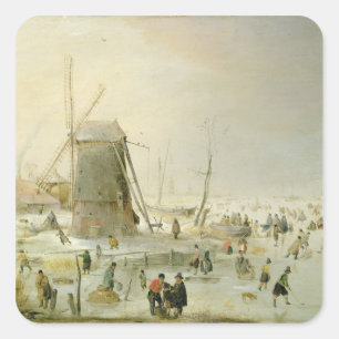 Eine Winterlandschaft mit Skatern von Windmühle Quadratischer Aufkleber