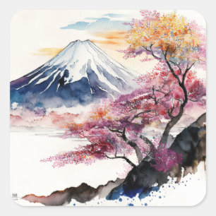 Eine wunderschöne Aquarellfärbung des Fuji Quadratischer Aufkleber