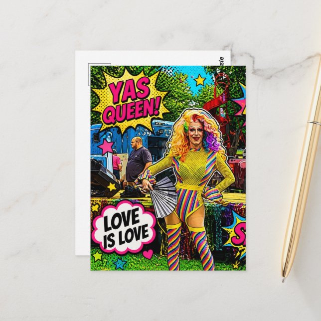 Eine wunderschöne Drag Queen, bunte Pop-Art Postkarte (Vorderseite/Rückseite Beispiel)