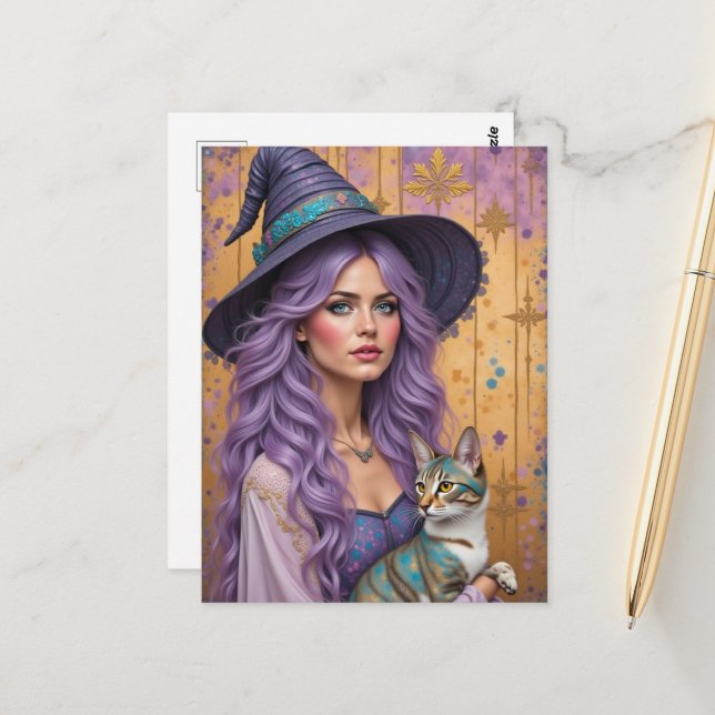 Eine wunderschöne Hexe und ihre Katze Postkarte (Vorderseite/Rückseite Beispiel)