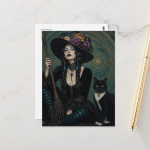 Eine wunderschöne Hexe und ihre schwarz-weiße Katz Postkarte