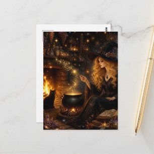 Eine wunderschöne Magie-Hexe und ihre schwarze Kat Postkarte