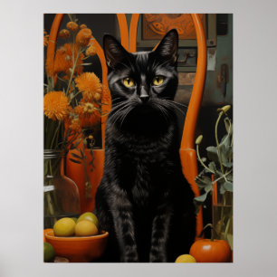 Eine wunderschöne schwarze Katze im Orangen Stuhl Poster