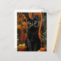 Eine wunderschöne schwarze Katze im Orangen Stuhl