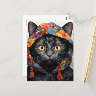 Eine wunderschöne schwarze Katze in einer farbenfr Postkarte