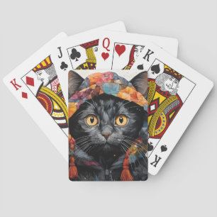 Eine wunderschöne schwarze Katze in einer farbenfr Spielkarten