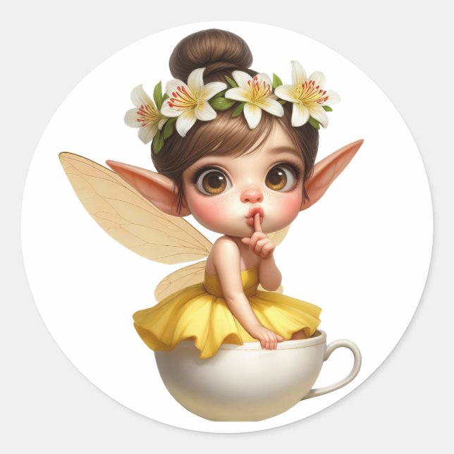 Eine zauberhafte kleine Fee in einer Tasse Tee Runder Aufkleber (Vorderseite)