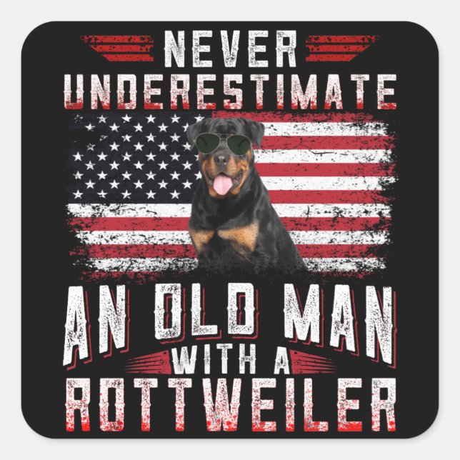 Einen alten Mann mit einem Rottweiler nie untersch Quadratischer Aufkleber (Vorderseite)