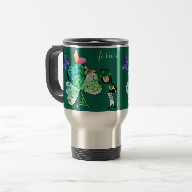 "Einen glücklichen St. Patrick's Day" Leprechaun Reisebecher (Vorderseite Links)