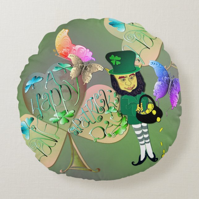 "Einen glücklichen St. Patrick's Day!" Leprechaun Rundes Kissen (Vorderseite)