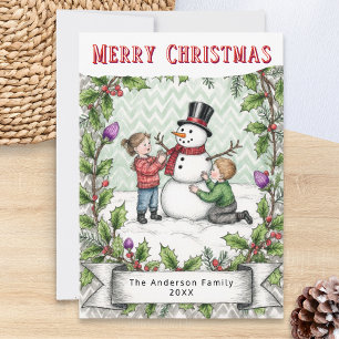 Einen Schneemann bauen   Retro persönliches Weihna Feiertagskarte