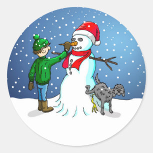 Einen Schneemann für Weihnachten bauen Runder Aufkleber