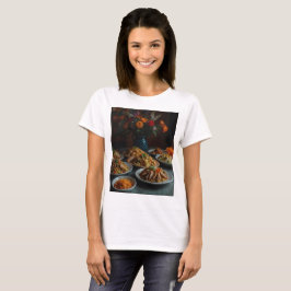 einen Tisch mit Lebensmitteln einschließlich Blume T-Shirt