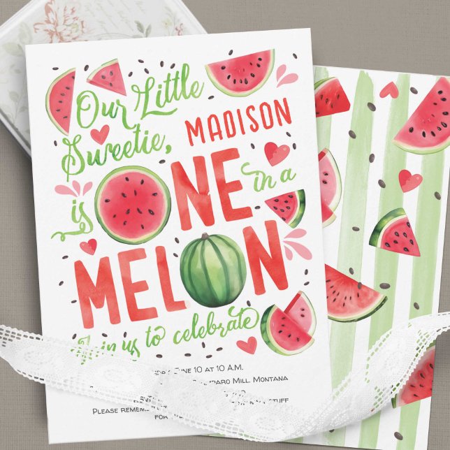 Einer in einem Melon, Niedlicher Sommer Adorable 1 Einladung (Summer Bright Red Watercolor One In a Melon, Watercolor Themed Girl 1st Birthday Invitation.)