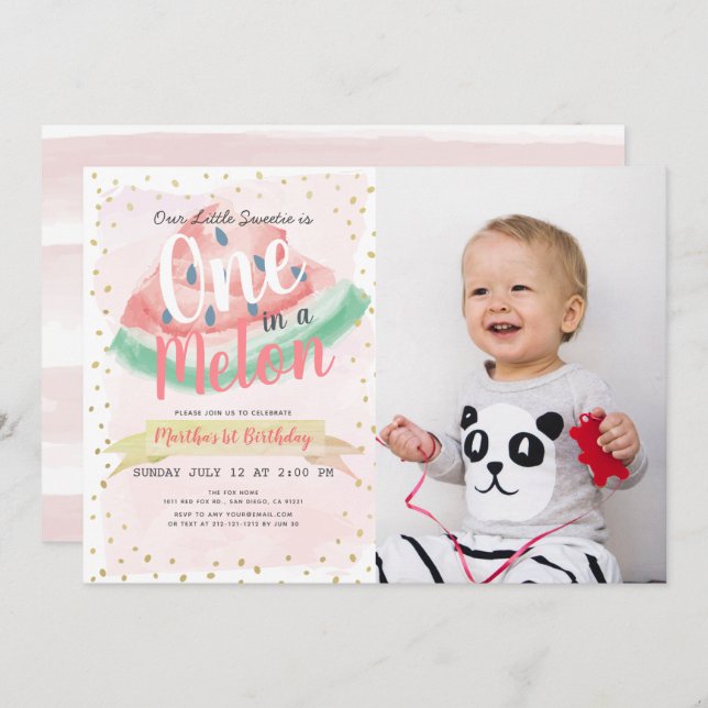 Eines in einem Melon Watermelon Girl Foto 1. Gebur Einladung (Vorne/Hinten)