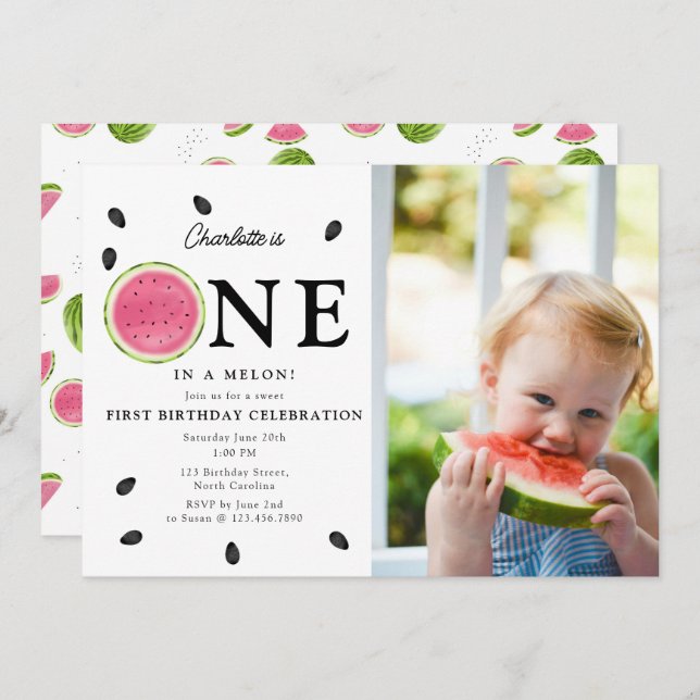 Eines in einem Melon Watermelon Sommer Foto Geburt Einladung (Vorne/Hinten)
