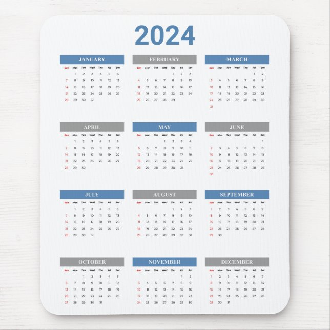 Einfach 2024 Jahr auf einen Blick Blue & White Kal Mousepad (Vorne)