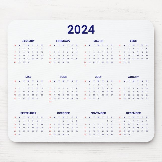 Einfach 2024 Jahr auf einen Blick Blue & White Kal Mousepad (Vorne)