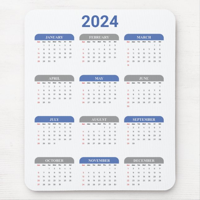 Einfach 2024 Jahr auf einen Blick Blue & White Kal Mousepad (Vorne)