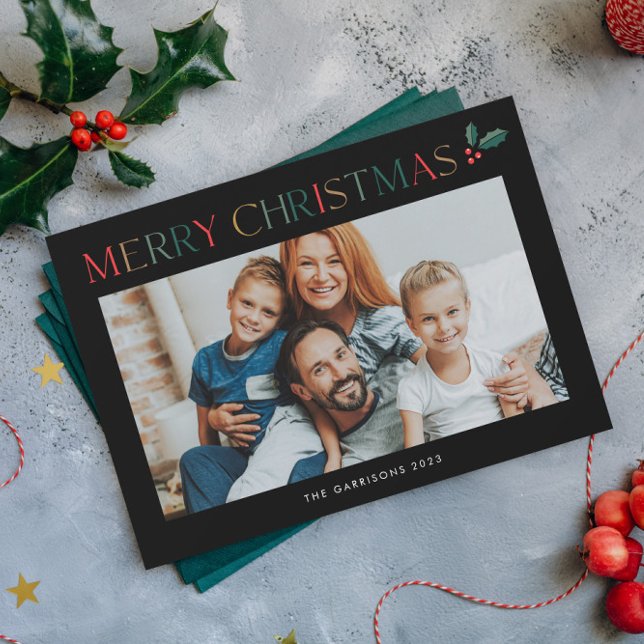 Einfach 2 Foto farbenfroh frohe Weihnachten (Colorful Merry Christmas Holiday Card with Horizontal Photo and Holly Branch Accent.)