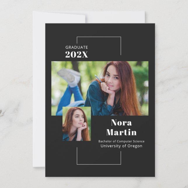 Einfach 2 Foto Graduation Schwarz Weiß Ankündigung (Vorderseite)