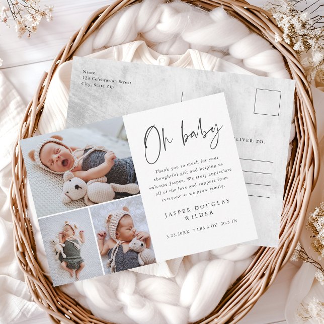 Einfach 3 Foto Oh Baby Danke Postkarte (Simple 3 photo oh baby announcement thank you postcards.)