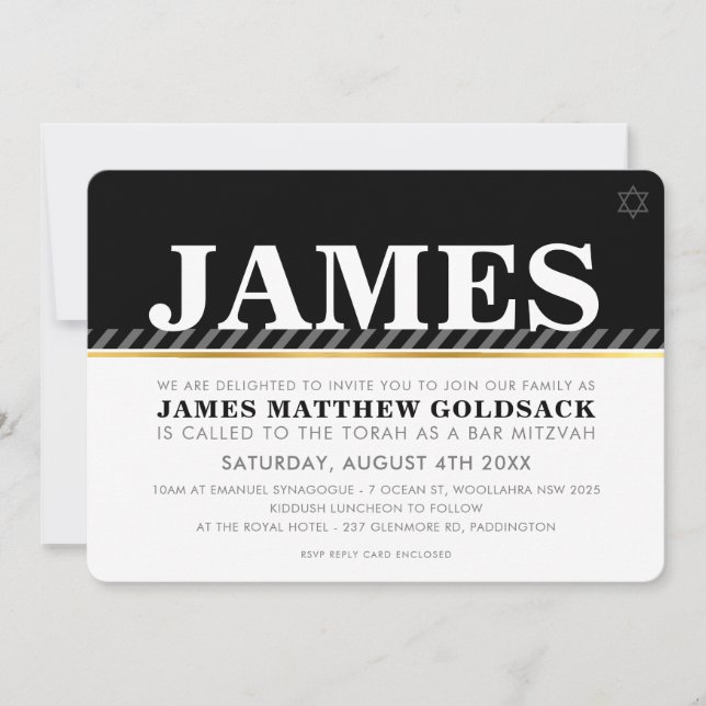 EINFACH BAR MITZVAH Moderner Jüdistern Schwarz-wei Einladung (Vorderseite)