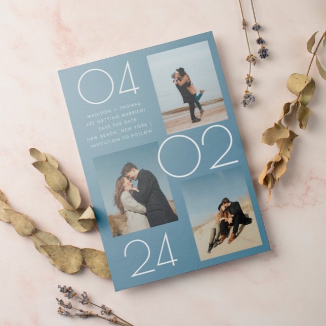 Einfach Blau 3 Foto Hochzeit speichern Magneteinladung (Von Creator hochgeladen)