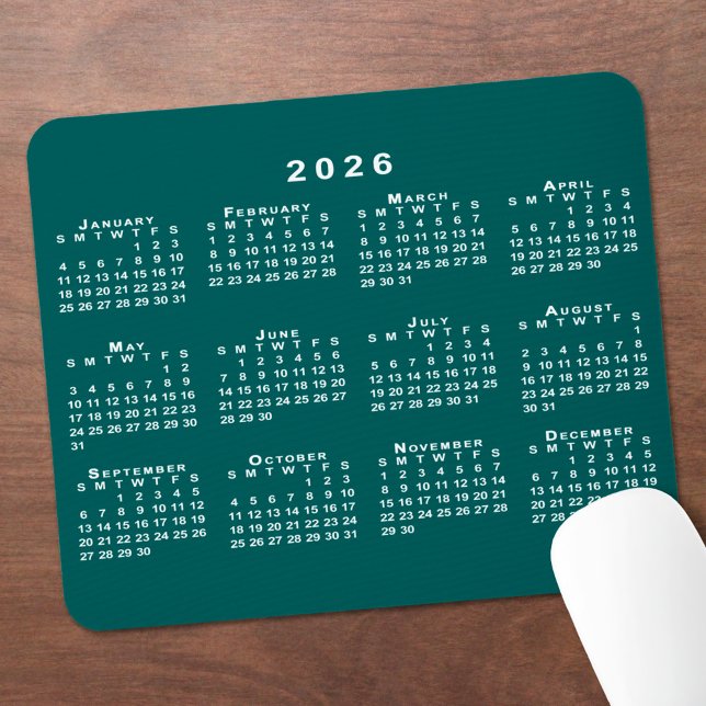 Einfach blau-grün und weiß - Kalender 2026 Mousepad (Simple Blue-Green and White 2026 Calendar Mouse Pad, in situ)
