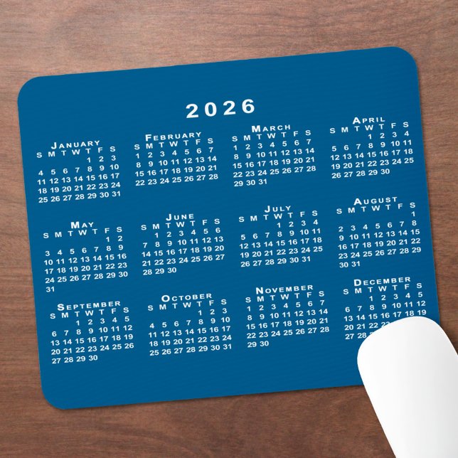 Einfach Blau und Weiß 2026 Kalender Mousepad (Simple Blue and White 2026 Calendar Mouse Pad, in situ)