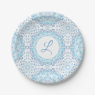 Einfach blau und weiß elegant, floral Mandala Pappteller