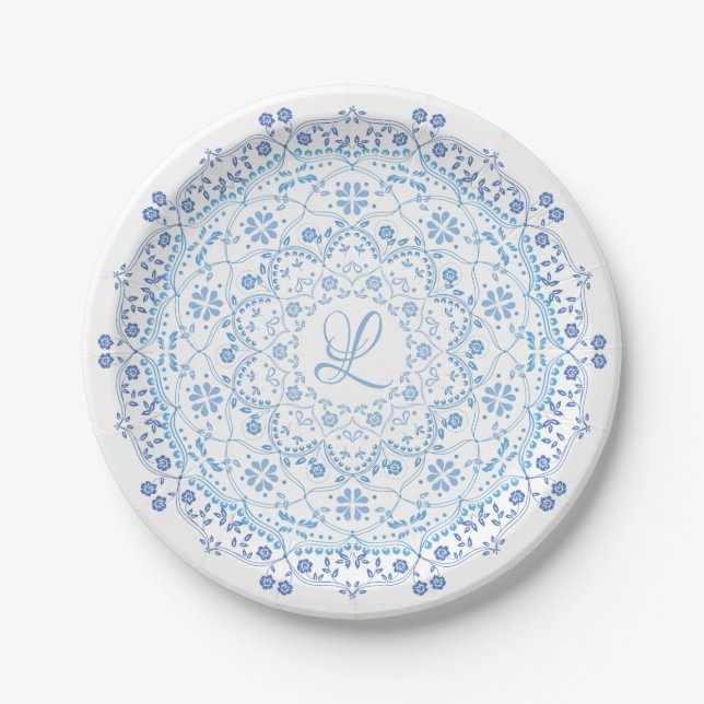 Einfach blau und weiß elegant, floral Mandala Pappteller (Vorderseite)