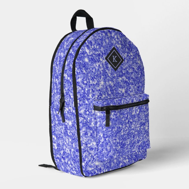 Einfach blauer Glitzer Textur | Monogramm Bedruckter Rucksack (Rückseitige Ecke links)