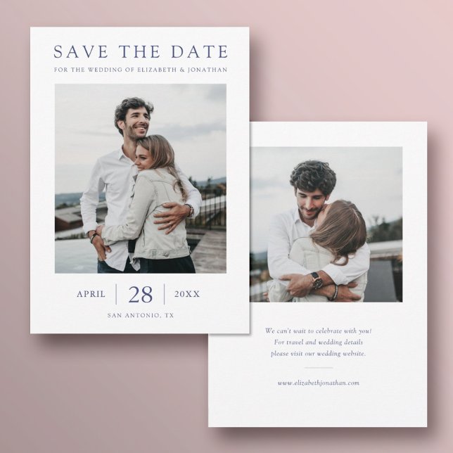 Einfach Blauer Text Multi Foto Hochzeit Save The Date (Von Creator hochgeladen)