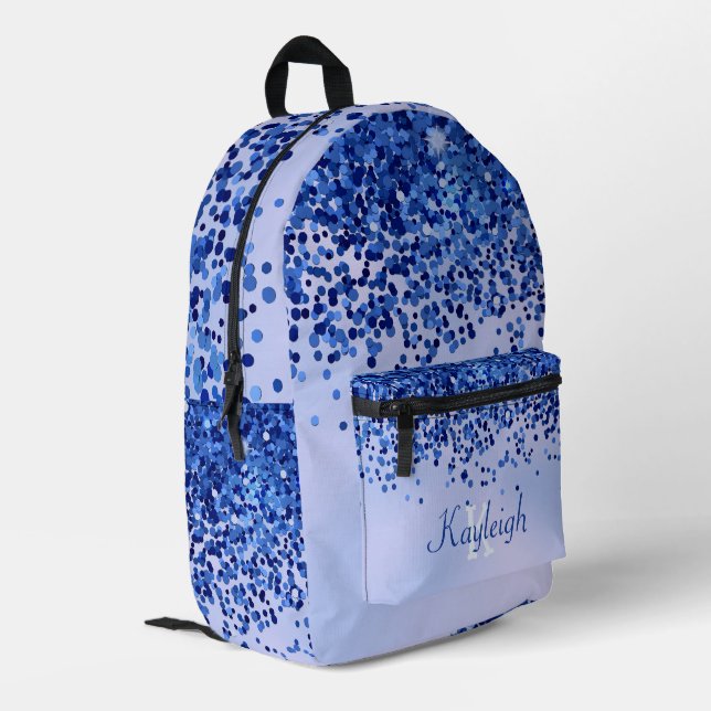Einfach blaugegossenes Metall und Glitzer Monogram Bedruckter Rucksack (Rückseitige Ecke links)