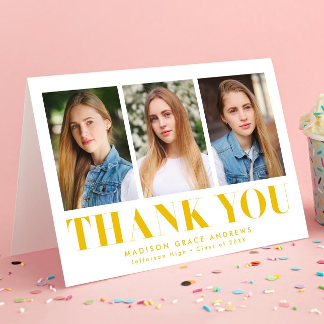 Einfach Bold Yellow 3 Foto Abschluss Dankeskarte (Von Creator hochgeladen)