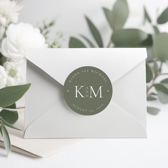 Einfach Chic Wedding Initials Moss Green ID1046 Runder Aufkleber (Von Creator hochgeladen)