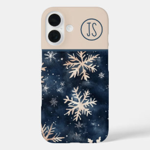 Einfach Dunkelblau mit Schneeflocken Mit Monogramm iPhone 16 Hülle