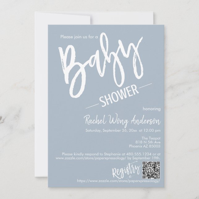Einfach Dusty Blue Script Baby Dusche QR Code Foto Einladung (Vorderseite)