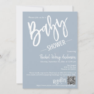 Einfach Dusty Blue Script Baby Dusche QR Code Foto Einladung