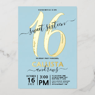 Einfach Echt Gold Pastellblau Sweet 16 Geburtstag Folieneinladung