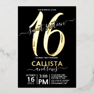 Einfach Echt Gold Schwarz Sweet 16 Geburtstag Folieneinladung