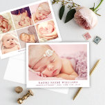 Einfach Elegant Baby Girl Foto Collage Geburt Ankündigung<br><div class="desc">Einfach stilvolle Foto-Geburtsankündigungskarte zur Einführung Ihres süßen Babys bietet ein großes Landschaftsneugeborenes Foto mit klassischem mauvrosa / lila Text (Farbe kann angepasst werden), der mit einem Namen und Geburtsstatistiken personalisiert werden kann. Auf der Kartenrückseite befindet sich eine Collage von sechs (6) zusätzlichen quadratischen Fotos. Foto Tipp: Prägen Sie Ihr Foto...</div>