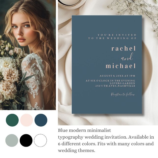 Einfach, elegant, blau einladung (Green modern minimalist 
typography wedding invitation. Available in 6 different colors. )