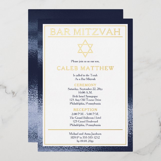 Einfach Elegant Blue Gradient Bar Mitzvah - Gold Folieneinladung (Vorderseite/Rückseite)