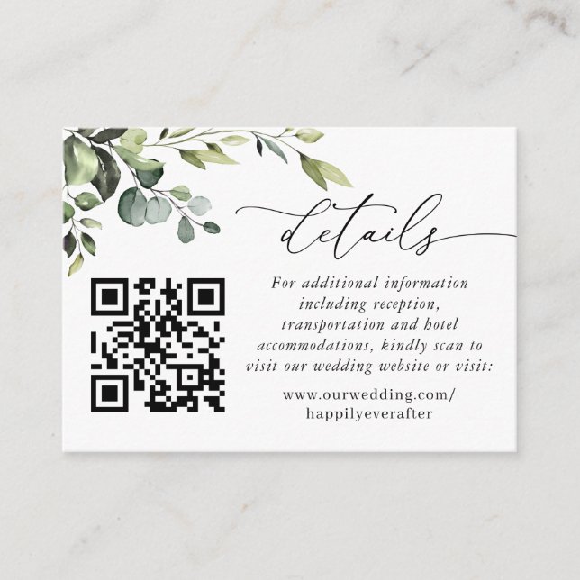 Einfach Elegant Eucalyptus Wedding QR Code Details Begleitkarte (Vorderseite)